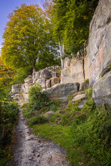 Autumn is coming at Harrisons Rocks on the high weald near Groombridge on the East Sussex Kent border south east England