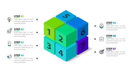 Infographic template. Isometric cube divided into 7 parts with numbers