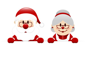 Weihnachtsmann Und Weihnachtsfrau Halten Horizontales Banner Dunkelrot