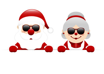 Weihnachtsmann Und Weihnachtsfrau Halten Sonnenbrille Horizontales Banner Dunkelrot