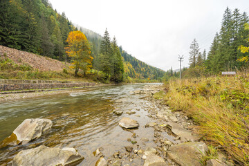 Landscape of a river in the Carpathians on a cloudy day