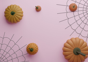 Light, pastel, lavender pink 3D illustration autumn fall Halloween themed product display podium stand background wallpaper pumpkins and spiderwebs photography horizontal flat lay top view from above