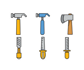 claw hammer, axe and rasp icons set