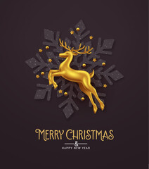 Christmas snowflakes vector design background. Merry christmas and happy new year text with gold deer and snow flakes xmas elements for greeting card decoration. Vector Illustration.