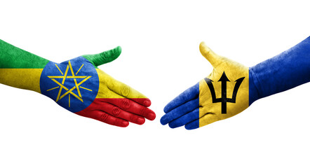 Handshake between Barbados and Ethiopia flags painted on hands, isolated transparent image.