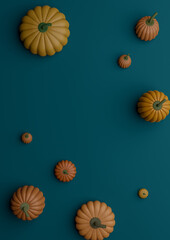 Dark teal, aqua blue 3D illustration autumn fall Halloween themed product display podium stand background or wallpaper with pumpkins vertical product photography flat lay top view from above