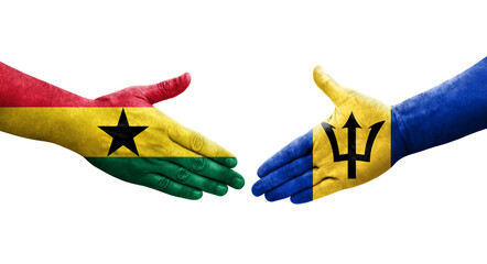 Handshake between Barbados and Ghana flags painted on hands, isolated transparent image.