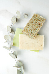Natural handmade soap in assortment with eucalyptus branch. Skin care concept. Natural eco ingredients.