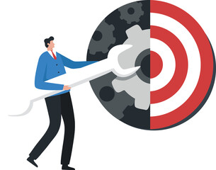 Goal setting. Action plan to set goals. Assess abilities and passion. plan clearly and act immediately. Businessman holding a wrench to adjust the dartboard target.