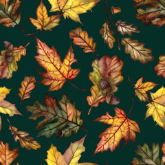 Aesthetic Watercolor seamless pattern with golden leaves and dark green background