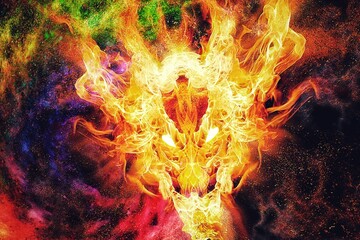 3d illustration of a fiery dragon swirling in the dark