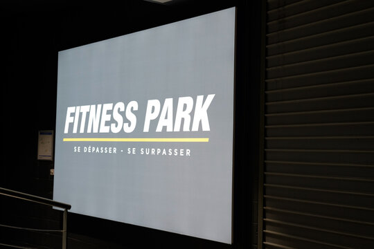 Fitness Park Gymnasium Center Club Logo Brand And Text Sign On Door Entrance Sports Hall Room