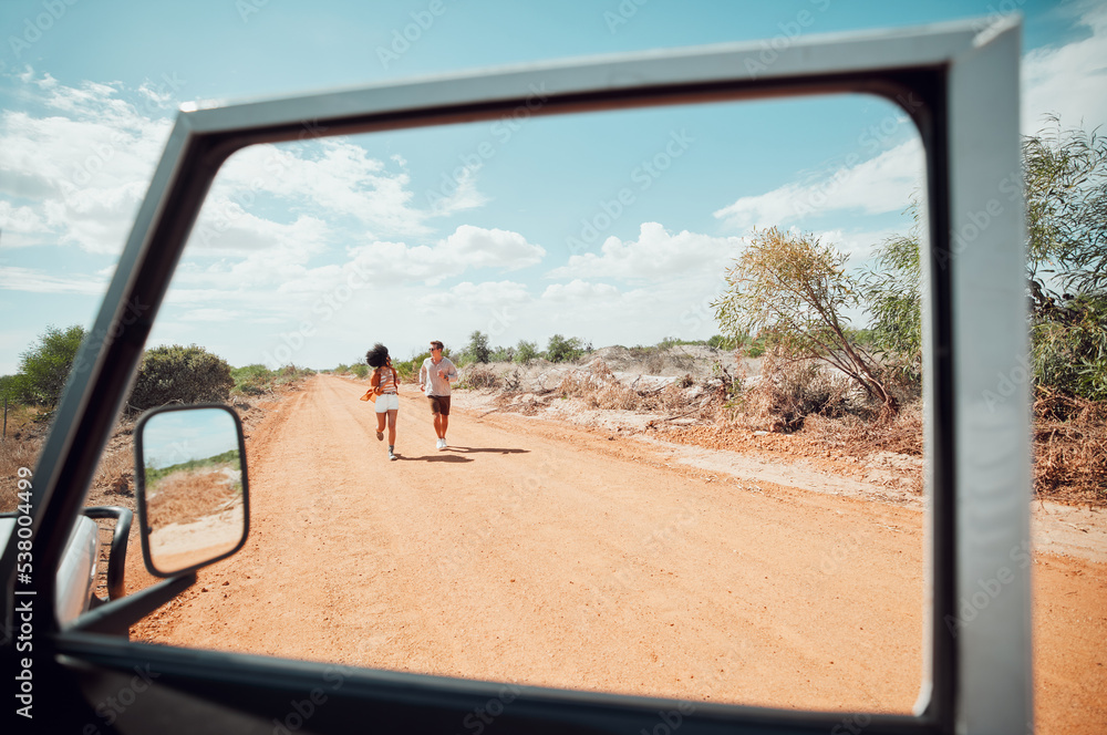 Wall mural Safari, diversity and couple on road trip in a summer romance, holiday and vacation outdoors together. Car, romantic and young woman having fun on freedom adventure with a lovely partner in Australia