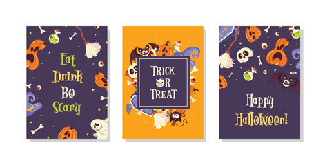 Vector set of Halloween holidays hand drawn invitation or greeting cards.