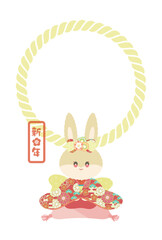和装なうさぎちゃんの年賀状デザイン 赤 しめ縄フレーム ベクター 素材 はがきテンプレート