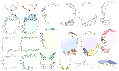 手描き線画のメルヘンなフレームセット（グリーン、鳥、月、星、猫、家、部屋）