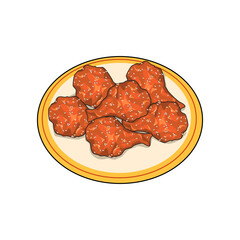 Korean chicken, fried chicken with sauce and sesame. Sour and spicy chicken wings. Isolated plate of Chikin or huraideu-chicken on white background. Authentic Korean food vector illustration