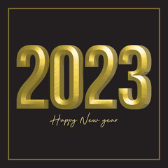 Happy new year 2023 greeting card design with golden date on black background