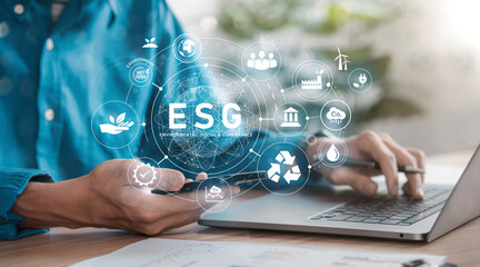 ESG Concept Renewable Technology in Hands for Environment, Society and Governance SG in Sustainable...