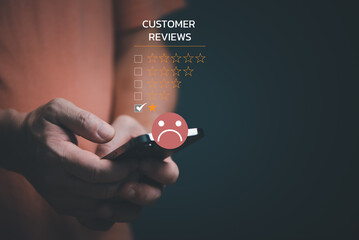 Customer Experience dissatisfied Concept, Unhappy Businessman Client with Sadness Emotion Face on smartphone screen, Bad review, bad service dislike bad quality, low rating, social media not good. - 538006443
