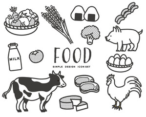 シンプルでかわいい動物とお米や野菜などのアイコンベクターイラスト素材／畜産／食材