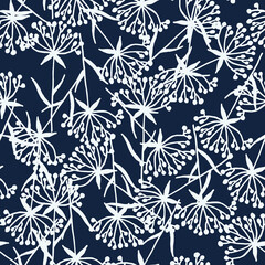 Abstract nature background. Botanical flowers seamless pattern. Hand drawn foliage in line flat style. Leafage silhouettes. Outline contour drawing. Good for fashion, textile, fabric.