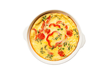Omelette with vegetables - frittata in skillet . Top view.
