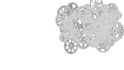 Mechanism white gears and cogs at work under white spot lighting background. Industrial machinery. 3D illustration. 3D high quality rendering. 3D CG. X-ray view. PNG file format.