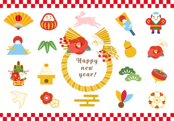 お正月のアイコンのベクターイラストセット(うさぎ,卯,2023,日本,正月)