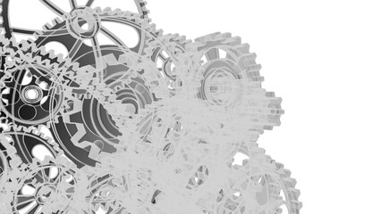 Mechanism white gears and cogs at work under white spot lighting background. Industrial machinery. 3D illustration. 3D high quality rendering. 3D CG. X-ray view. PNG file format.