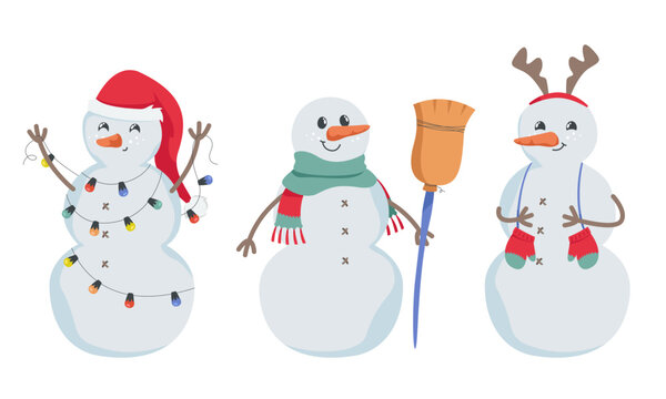 Set of different snowmans. Christmas characters in cartoon style.