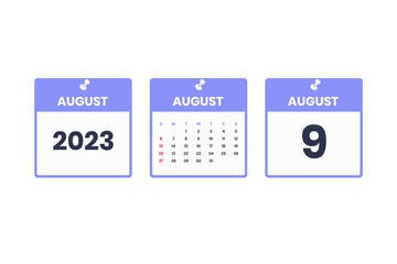 August calendar design. August 9 2023 calendar icon for schedule, appointment, important date concept