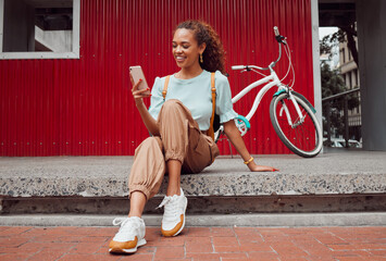 Woman, bike or phone in city travel in Amsterdam for gps location, map or social media search....