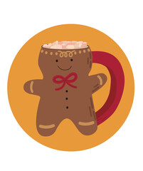 Postcard with winter holiday hot drink.Gingerbread man mug. Winter season illustration.