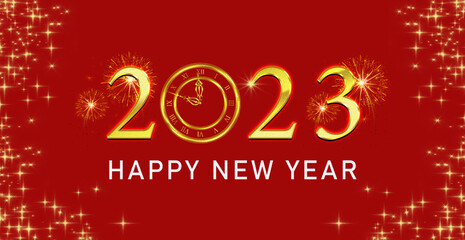Happy new year 2023 Elegant golden text with fireworks, clock, light and red background
