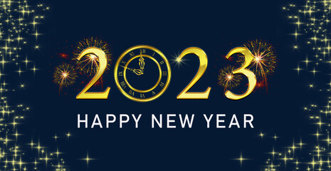 Fototapeta na wymiar Happy new year 2023 Elegant golden text with fireworks, clock, light and blue background 
