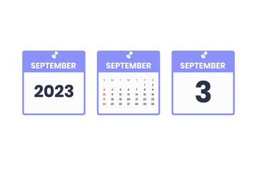 September calendar design. September 3 2023 calendar icon for schedule, appointment, important date concept