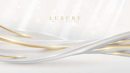 White background with golden curve line element and fluid with light effects decorations and bokeh. Realistic luxury modern design concept. Vector illustration.