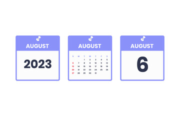 August calendar design. August 6 2023 calendar icon for schedule, appointment, important date concept
