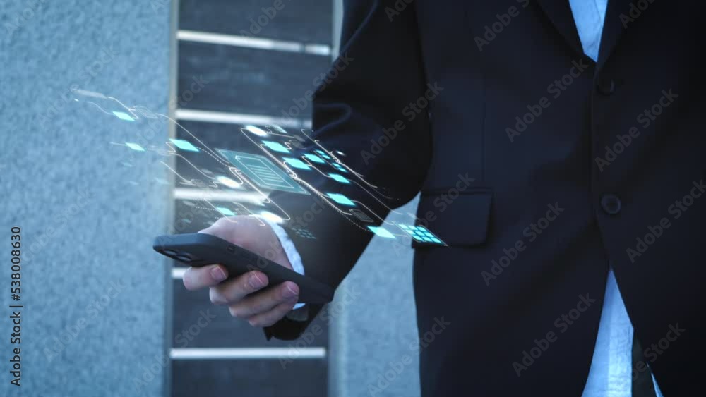 Poster businessman in suit checks computer file on his smartphone in folder network