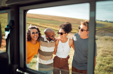 Fototapeta premium Friends, group and happy on road trip by car in nature by hill in summer. Diversity, man and women with sunglasses on travel, vacation or holiday together by farm, agriculture or rural land in Dublin
