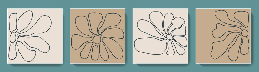 Retro poster set with groovy flower. Abstract funky daisy line art. Modern trippy painting for social media post, interior wall decoration, greeting card. Vintage design vector illustration