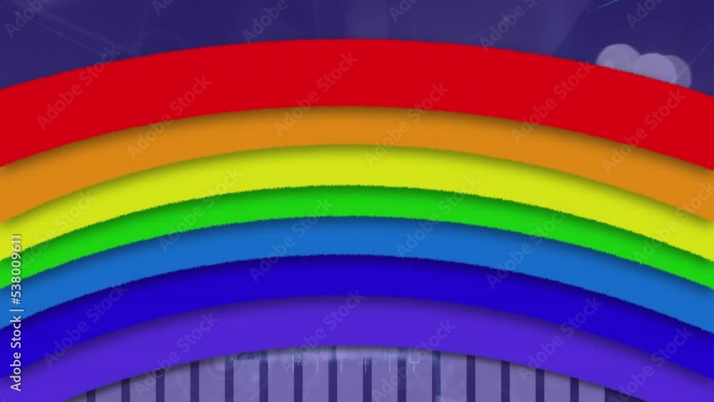 Poster animation of rainbow effect over statistical data processing against purple background