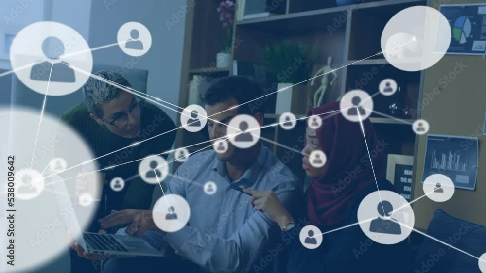Poster animation of network of profile icons over team of diverse colleagues discussing at office