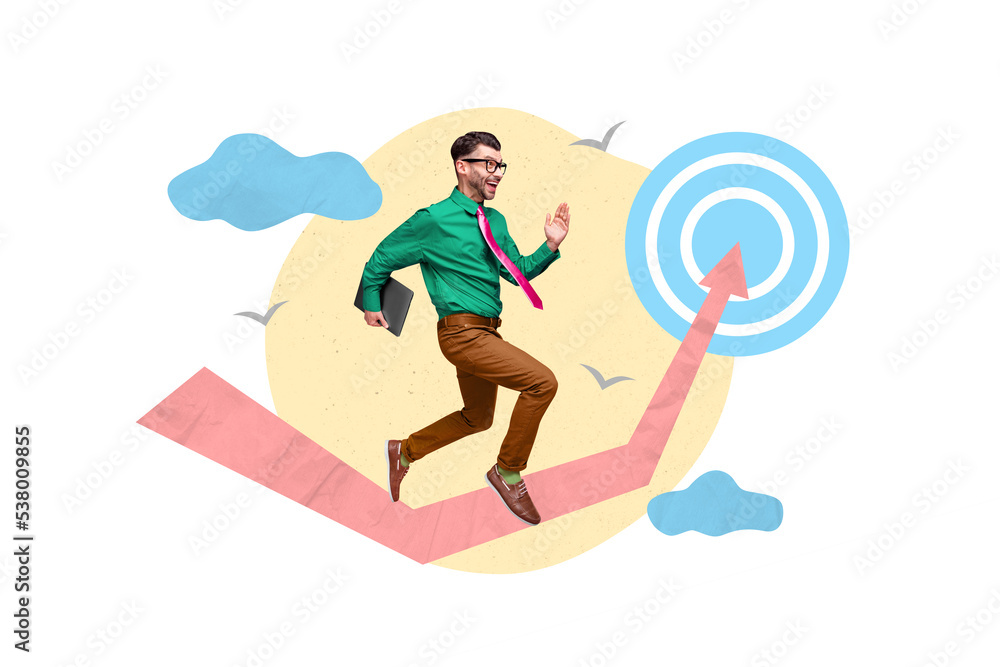 Poster composite collage picture of excited crazy guy hold netbook running target drawing arrow up isolated