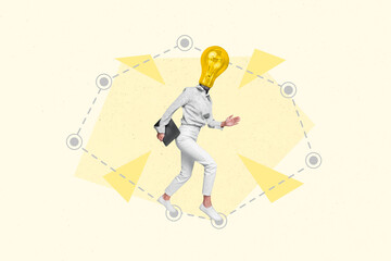 Collage photo of young woman headless lightbulb idea plan genius solution decision hold laptop run hurry no problem isolated on yellow color background - obrazy, fototapety, plakaty
