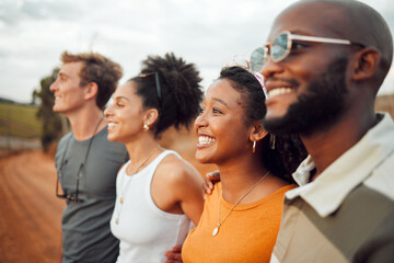 Friends, road trip and smile of happy people enjoying a view outdoor with happiness. Diversity of friend group standing together feeling calm about travel showing community, joy and care