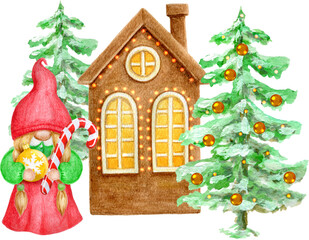 Watercolor Cute Gnome girl with Christmas Tree on background of celebratory house. Little gnome with striped candy cane and Christmas ball. Holiday gnome man for New year greetings card or invitation