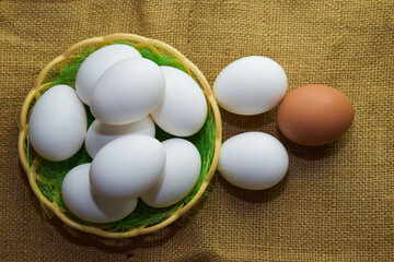 Eggs in a wicker bowl. Empty space to add text. Leadership and team management, role model. Loyalty and trust. Idol. Companions and followers. The brown egg is ahead of the white egg.