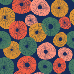 Fototapeta na wymiar Abstract seamless vector pattern with colored doodle flowers. Neutral vector texture with abstract circles. For textiles, wrapping paper, gift paper.
